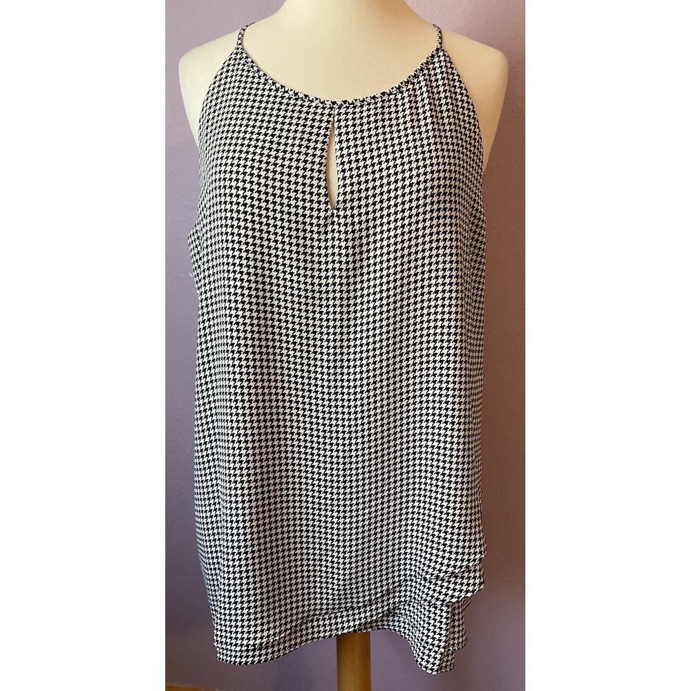 T Tahari Black White Houndstooth Sleeveless Double Layer Woven Cami Top Large